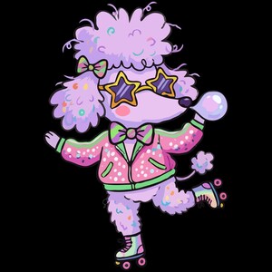 Könnte beinhalten: Cartoon-Illustration eines Pudels mit sternförmiger Sonnenbrille, einer rosa Jacke mit weißen Punkten und Rollschuhen. Der Pudel bläst eine Blase. Der Text oben lautet "PNG FILE | DIGITAL DOWNLOAD" und unten "COMMERCIAL USE".