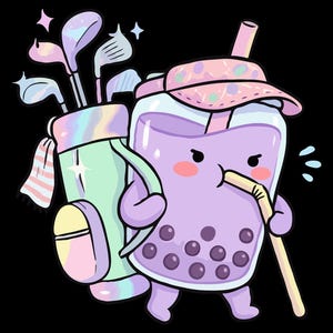 May include: A whimsical illustration on a black background features a golf bag and a boba tea character. The golf bag is pastel green and purple, holding golf clubs. The boba tea has a straw and a visor. Text reads "PNG FILE | DIGITAL DOWNLOAD" and "COMMERCIAL USE."