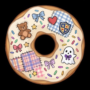 May include: A cartoon illustration of a donut with white frosting and colorful sprinkles. The donut is decorated with patches, a teddy bear, stars, bows, a heart, a shield, and a ghost. Text at the top says "PNG FILE | DIGITAL DOWNLOAD" and at the bottom "COMMERCIAL USE".