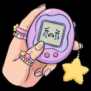 Puede incluir: Ilustración digital de un dispositivo digital portátil morado para mascotas con una cara llorando en la pantalla. El dispositivo está sostenido por una mano con uñas y anillos coloridos. Un dije de estrella amarilla cuelga del dispositivo. El texto dice "PNG FILE | DIGITAL DOWNLOAD" y "COMMERCIAL USE".