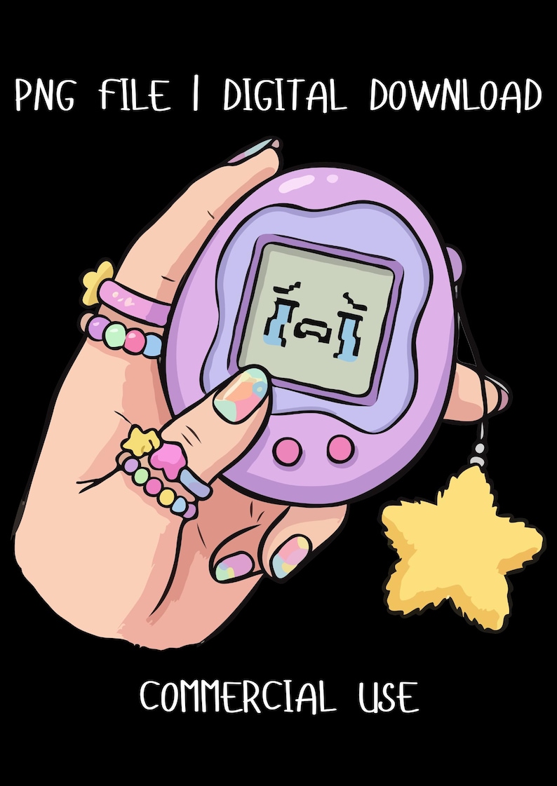 May include: Digital illustration of a purple handheld digital pet device with a crying face on the screen. The device is held by a hand with colorful nails and rings. A yellow star charm hangs from the device. Text reads "PNG FILE | DIGITAL DOWNLOAD" and "COMMERCIAL USE".