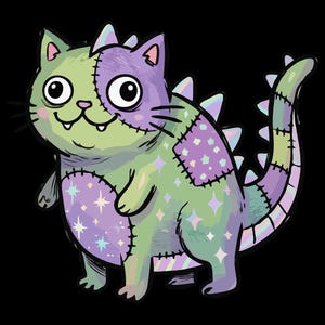 Puede incluir: Ilustración caprichosa de una criatura felina con un diseño de patchwork en tonos verdes y morados, adornada con estrellas brillantes. La imagen incluye el texto "PNG FILE | DIGITAL DOWNLOAD" y "COMMERCIAL USE" sobre un fondo negro.