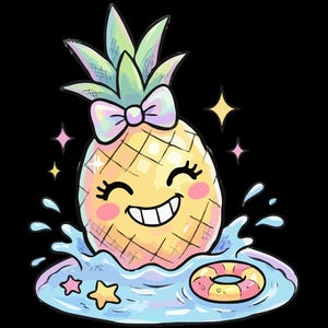 Puede incluir: Gráfico de descarga digital que presenta un personaje de piña sonriente con un lazo, chapoteando en el agua con un flotador. La imagen incluye el texto "PNG FILE | DIGITAL DOWNLOAD" y "COMMERCIAL USE" sobre un fondo negro.