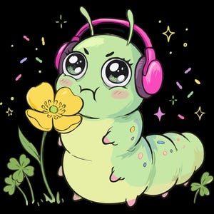 May include: A digital download image featuring a cartoon caterpillar wearing pink headphones and holding a yellow flower. The caterpillar is green and yellow with large eyes. The image includes the text "PNG FILE | DIGITAL DOWNLOAD" and "COMMERCIAL USE" on a black background.