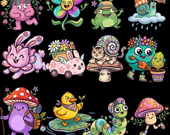 12 PNG Kawaii Garden Animal Clipart Bundle, Cute Mushroom Monster Frog Snail Bunny, Rainbow Flower Illustration, Whimsical Fairycore