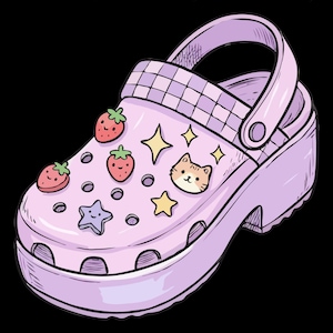 May include: A digitally drawn, light purple platform clog with a strap, decorated with strawberry, star, and cat-face charms. The text "PNG FILE | DIGITAL DOWNLOAD" and "COMMERCIAL USE" are displayed on a black background.