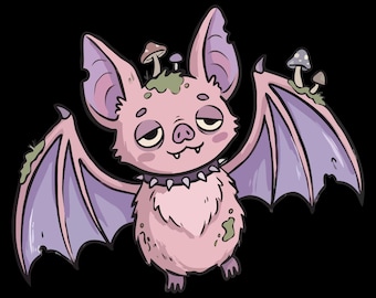 Pastel Goth Bat Clipart PNG, Spooky Mushroom Illustration, Creepy Cute Goblincore, Witchy Pink Animal Graphic, Halloween Sublimation Design