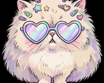Kawaii Persian Cat PNG, Heart Sunglasses Clipart, Retro Harajuku Kitten, Kidcore Aesthetic Art, White Fluffy Pet Chibi Design, Girly Graphic