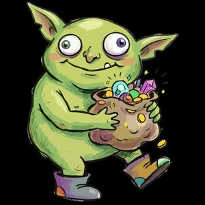 May include: A cartoon goblin illustration on a black background. The green goblin is holding a bag overflowing with colorful gems and coins. Text at the top reads "PNG FILE | DIGITAL DOWNLOAD" and at the bottom "COMMERCIAL USE".