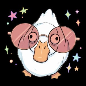 May include: A cartoon illustration of a white duck wearing pink sunglasses, set against a black background. Colourful stars and the text "PNG FILE | DIGITAL DOWNLOAD" and "COMMERCIAL USE" are also present.