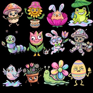 Könnte beinhalten: Ein digitaler Download mit zwölf skurrilen Cartoon-Charakteren, darunter ein Pilz, eine Blume, ein Hase, ein Frosch, eine Raupe, eine Tulpe, eine Schnecke und ein Osterei. Die Charaktere sind in leuchtenden Farben auf schwarzem Hintergrund dargestellt. Der Text oben lautet "12 PNG FILES" und unten "DIGITAL DOWNLOAD".