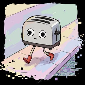 May include: A cartoon illustration of a walking toaster with eyes and red boots. The toaster is gray and black, walking on a sidewalk with a colorful background. Text at the top says "PNG FILE | DIGITAL DOWNLOAD" and at the bottom "COMMERCIAL USE".
