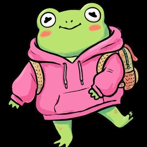 Könnte beinhalten: Digitale Illustration eines grünen Frosches mit rosa Kapuzenpullover und Rucksack auf schwarzem Hintergrund. Der Text "PNG FILE | DIGITAL DOWNLOAD" und "COMMERCIAL USE" ist in Weiß dargestellt.
