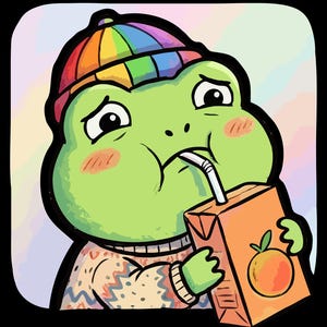 May include: Digital download image featuring a cartoon frog wearing a rainbow hat and drinking from an orange juice carton. The frog has a sad expression and wears a patterned sweater. Text reads "PNG FILE | DIGITAL DOWNLOAD" and "COMMERCIAL USE".
