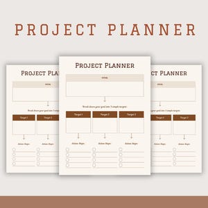 May include: Three printable project planner pages with a brown and beige color scheme. Each page has a section for a goal, three targets, and action steps.