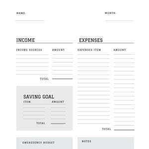 May include: A black and white printable budget planner with sections for income, expenses, saving goals, emergency budget, and notes. The planner has a simple design with lines for writing.