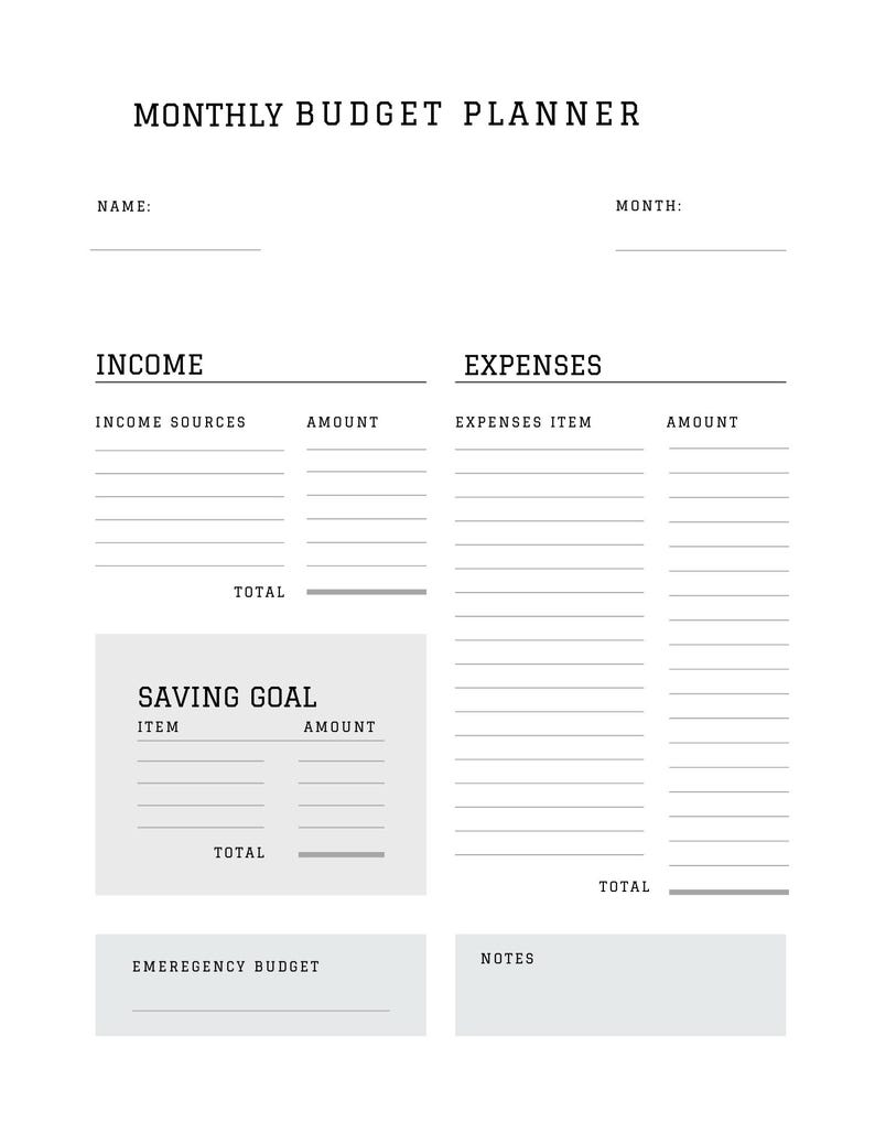 May include: A black and white printable budget planner with sections for income, expenses, saving goals, emergency budget, and notes. The planner has a simple design with lines for writing.