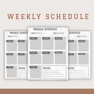 May include: Three printable weekly schedule templates with a vintage aesthetic. Each template has a section for month, week, notes, and days of the week: Monday, Tuesday, Wednesday, Thursday, Friday, Saturday, and Sunday.
