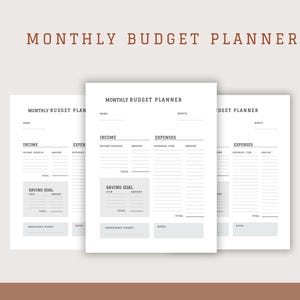 May include: Three printable monthly budget planner pages with sections for income, expenses, and savings goals. The pages are white with black text and lines.