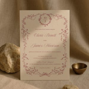 Huwelijksuitnodiging boekdruk | Crème | Handgemaakt gerecycled papier | Typografische belettering Dusty Rose | BLOEMENCOLLECTIE | 0009