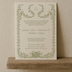 Invito a nozze con stampa tipografica / Crema / Carta riciclata fatta a mano / Lettering tipografico verde vintage / COLLEZIONE FLOREALE / 004