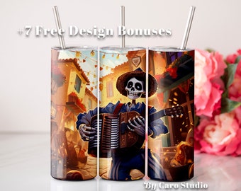 Mexican Dia de los Muertos Skeleton Dancing 20oz Skinny Tumbler Wrap Coco Inspired Digital Print Fall Spooky Digital Print Skeleton Mexican