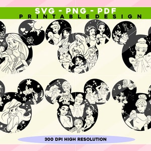 Alle Prinzessin SVG, 6 Datei, Maus Kopf SVG, Prinzessin SVG, Vinyl geschnitten Datei, SVG, Pdf, Jpg, Png, Ai druckbare Designdatei