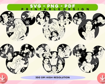 Todo princesa SVG, 6 archivos, cabeza de ratón SVG, princesa SVG, archivo de corte de vinilo, Svg, Pdf, Jpg, Png, archivo de diseño imprimible Ai