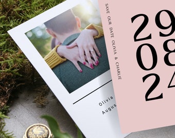 Double-Sided MODERN Photo Save the Date Template Pink, Printable Save the Date, Editable, Instant Download, DIY, Templett, #wedding