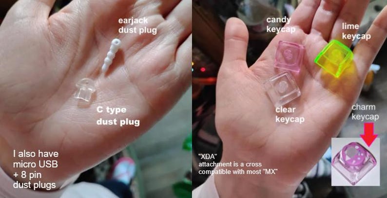 May include: A hand displays various small tech accessories. These include a white earjack dust plug, a clear C-type dust plug, and several keycaps in pink, clear, and lime green. The text indicates compatibility with most "MX" attachments.