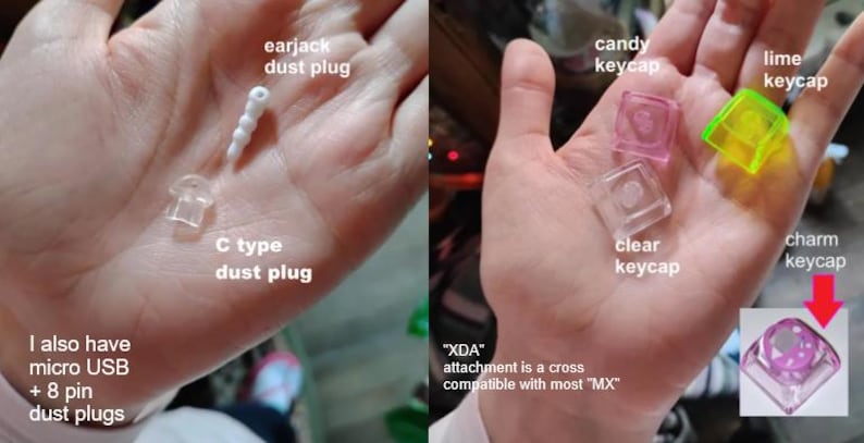May include: A hand holding small tech accessories: a white earjack dust plug, a clear C-type dust plug, and keycaps in pink, clear, and lime green. The text states compatibility with most "MX" attachments.