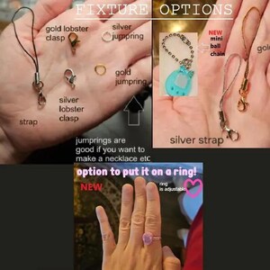 May include: Image showcasing fixture options, including gold and silver lobster clasps, jump rings, and a mini ball chain. Text indicates the option to put it on a ring, which is adjustable.