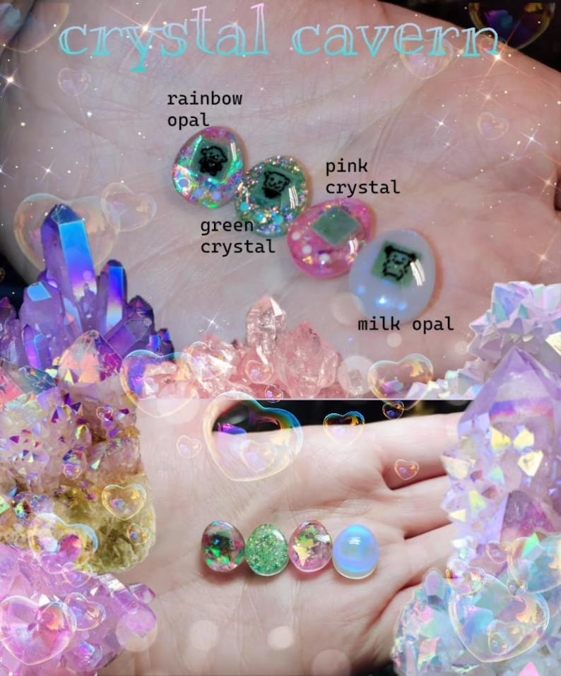 May include: The image showcases a collection of colorful crystal-themed items. The text "crystal cavern" is at the top. There are several crystal formations and small, oval-shaped gems labeled "rainbow opal," "green crystal," "pink crystal," and "milk opal."