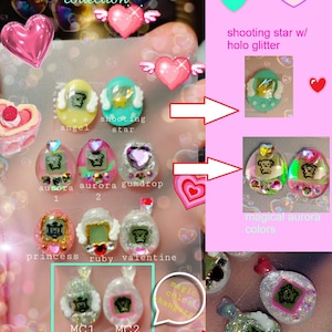 May include: An assortment of decorative nail art designs from the "angel valentine collection." The designs include angel and shooting star themes, aurora, gumdrop, princess, ruby, and valentine styles. Some designs feature glitter and color-changing effects.