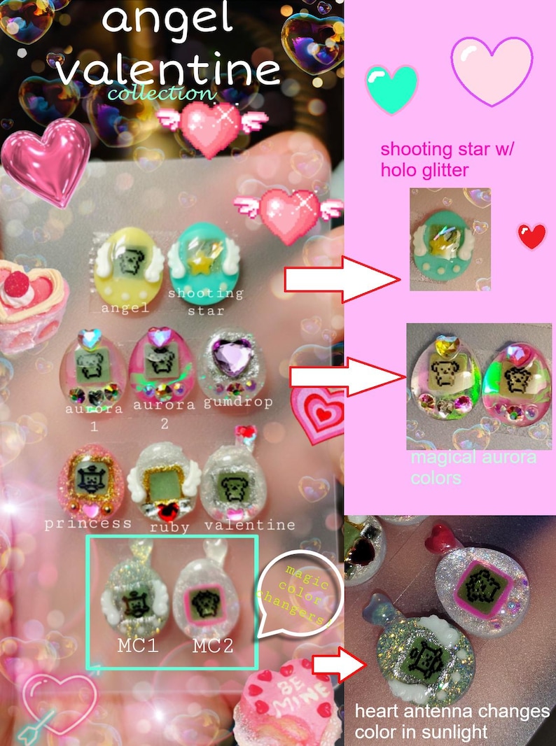May include: An assortment of decorative nail art designs from the "angel valentine collection." The designs include angel and shooting star themes, aurora, gumdrop, princess, ruby, and valentine styles. Some designs feature glitter and color-changing effects.