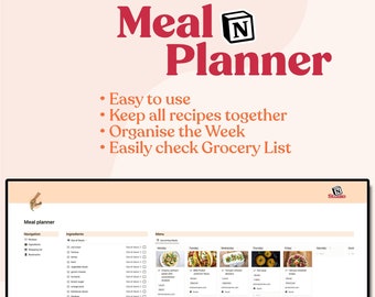 Notion Meal Planner | Digital Meal Planner | Weekly Meal Planner | Notion Template | Weekly Menu Planner | Digital Recipe Book
