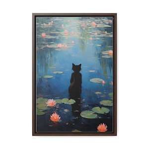 モネの睡蓮の猫のプリント、クロード・モネの猫のポスター、黒猫のアート、花柄プリント、面白い猫のプリント、面白いギフト、室内装飾ポスター