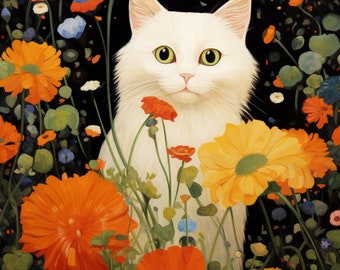 Gustav Klimt Garden Cat Print, Klimt Flowers Cat Poster, white Cat Art, Floral Print, Funny Cat print, Digital Download PNG
