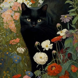 Gustav Klimt tuin kat print, klimt bloemen kat poster, zwarte kat kunst, bloemenprint, grappige kat print, digitale download PNG