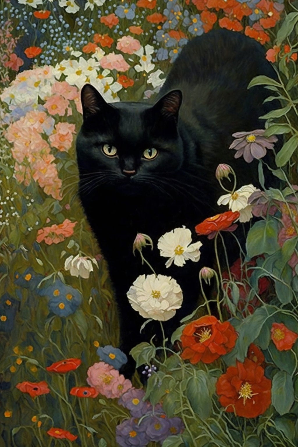Gustav Klimt Garden Cat Print, Klimt Flowers Cat Poster, Black Cat Art, Floral Print, Funny Cat print, Digital Download PNG