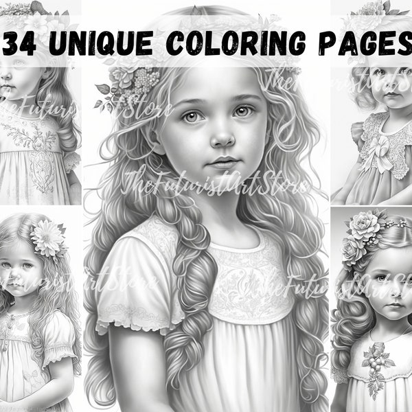Spring Princess Girls Grayscale Coloring Pages (Digital Download)