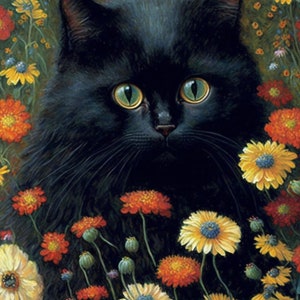 Gustav Klimt tuin kat print, klimt bloemen kat poster, zwarte kat kunst, bloemenprint, grappige kat print, digitale download PNG