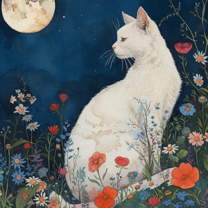 Gustav Klimt-Inspired white Cat in Floral Garden Print - Digital Download for Cat Lovers
