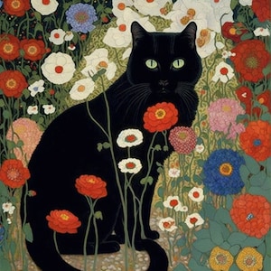 Gustav Klimt-Inspired Black Cat in Floral Garden Print - Digital Download for Cat Lovers