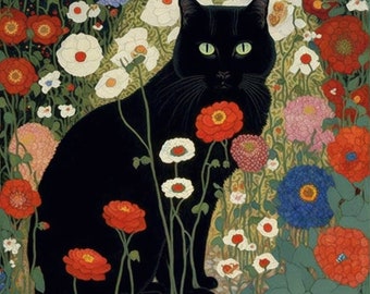 Gustav Klimt-Inspired Black Cat in Floral Garden Print - Digital Download for Cat Lovers