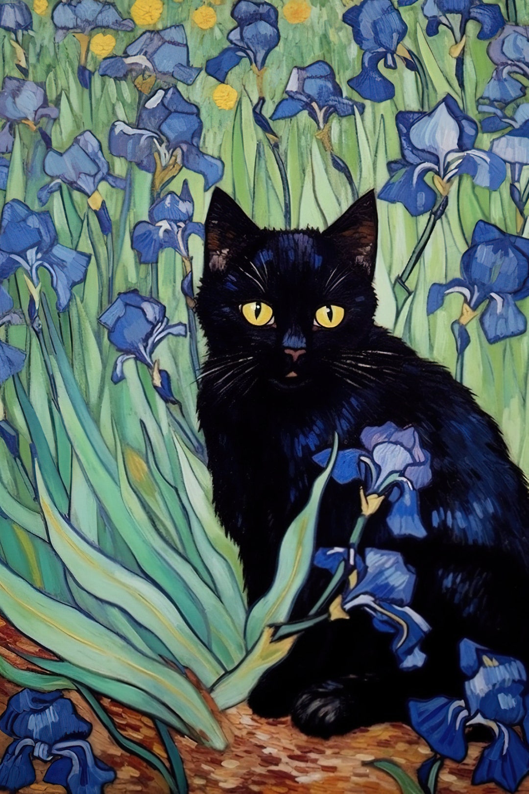 Vincent Van Gogh's Irises Cat Print, Van Gogh Cat Poster, Black Cat Art ...