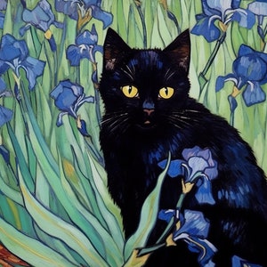 フィンセント・ファン・ゴッホのアイリス猫プリント、ファン・ゴッホ猫ポスター、黒猫アート、花柄プリント、面白い猫プリント、面白いギフト、デジタルダウンロードPNG
