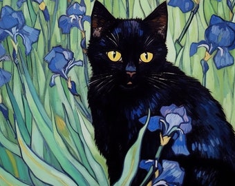 Vincent Van Gogh&#39;s Irises Cat Print, Van Gogh Cat Poster, Black Cat Art, Floral Print, Funny Cat print, Funny gift, Digital Download PNG