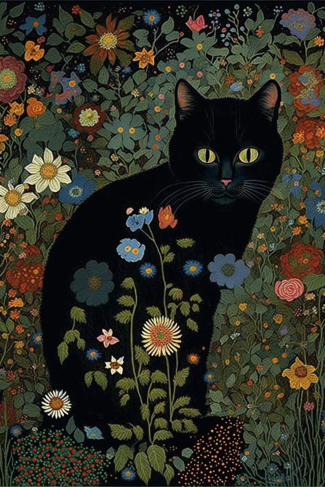 Gustav Klimt Garden Black Cat Art Print, Floral Cat Poster
