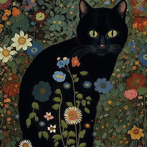 Gustav Klimt tuin kat print, klimt bloemen kat poster, zwarte kat kunst, bloemenprint, grappige kat print, digitale download PNG